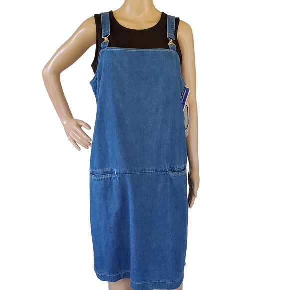 VTG Chambray Jumper Dress Women's 16 Blue Suspenders Pockets Boston Classics - Picture 2 of 12
